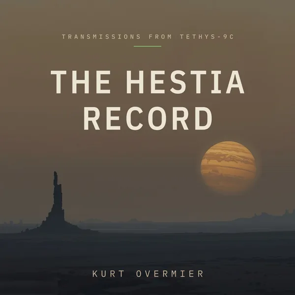 The Hestia Record podcast cover: a basalt spire under an amber gas giant